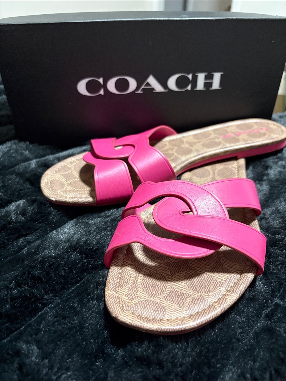 Coach Hot Pink Leather Slide Sandals with Signature Print Footbed
